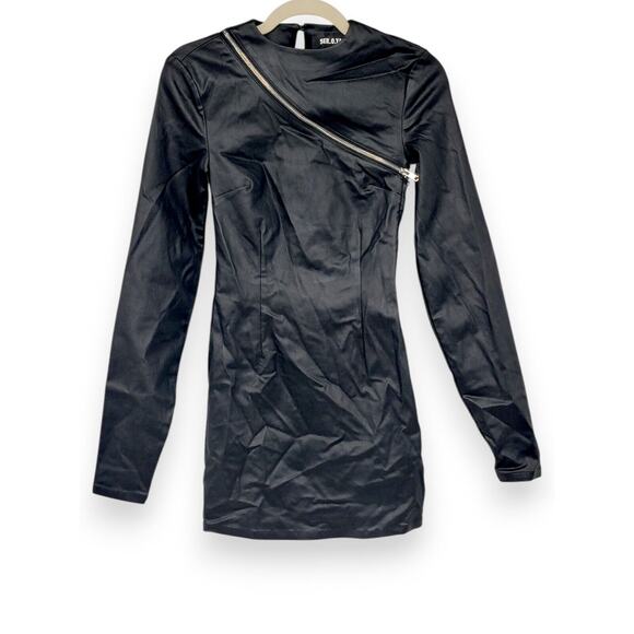 SER.O.YA Black‎ Asymmetrical Zip Vegan Leather Mini Dress Small Edgy Long Sleeve - Picture 1 of 4